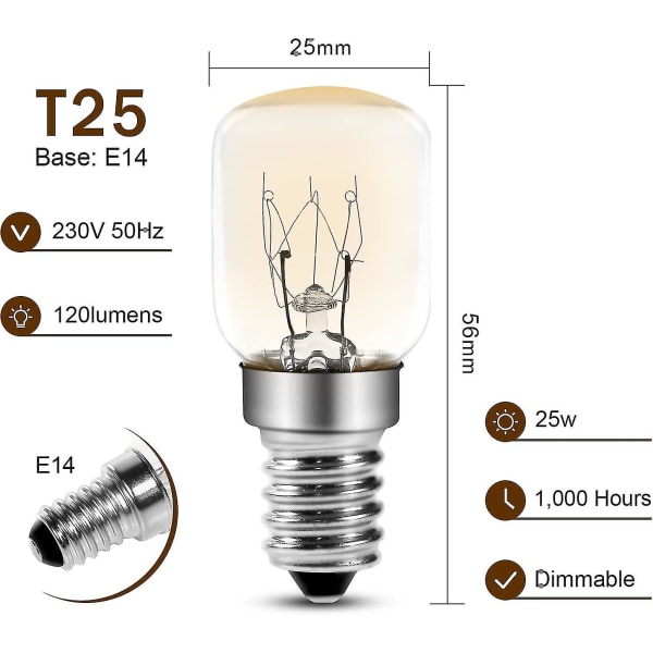 Ugnslampa 25w, E14 T25 glödlampa 2200k varmvit, 300 graders pygmélampor för ugn, mikrovågsugn, saltlampa, paket med 4