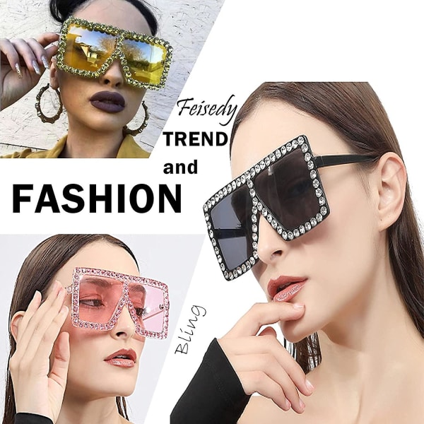 Överdimensionerade Glittrande Kristall Solglasögon Disco Diamond Platta Topp Mode Kvadrat Stora Skyddsglasögon