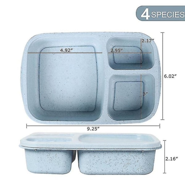 4 pakkausta muoviset lounasastiat, joissa on 3 lokeroa, uudelleenkäytettävä Bento-laatikko lapsille/ toddler