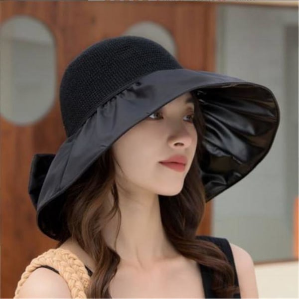 Mode Kvinders Foldbar Floppy Hat Sløjfe Bred Skygge Sommer UV-beskyttelse Strandhætte Black