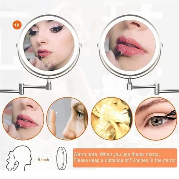 Wall-mounted makeup mirror with lighting - 8 inch, 3x/10x magnification, dimmable with 3 light modes, 360° rotatable double-sided mirror Black Black 10X