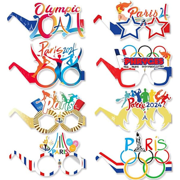 Franske 2024-spil temafestbriller, papirbrilleglas, 2024 olympiske tema dekorationer (8 stk.)