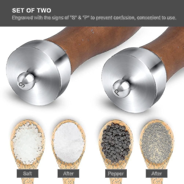 8 tommer salt- og peberkværnesæt - salt- og peberkværnshaker i træ, let justerbar keramik