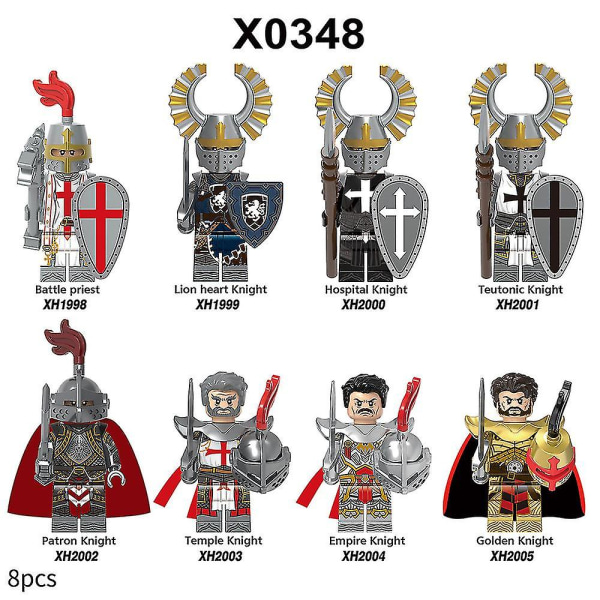 8 st/set Medeltida riddare Actionfigurer Byggklossar Stridspräst Patronriddare Montering Minifigurer Samlarobjekt Leksaker Barn Fans Gåvor