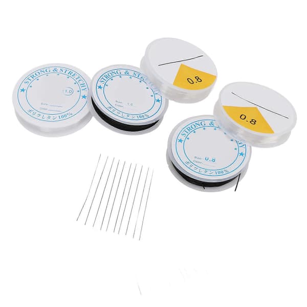 Elastisk snor og perlenålesæt, 5 ruller stræksnor 0,8 mm 1 mm klar sort og 10 stk. perlenåle