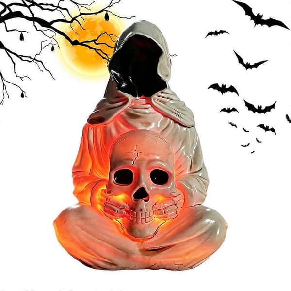 LED lys kraniepynt Reaper Statue Gotisk Harpiks Halloween Figur