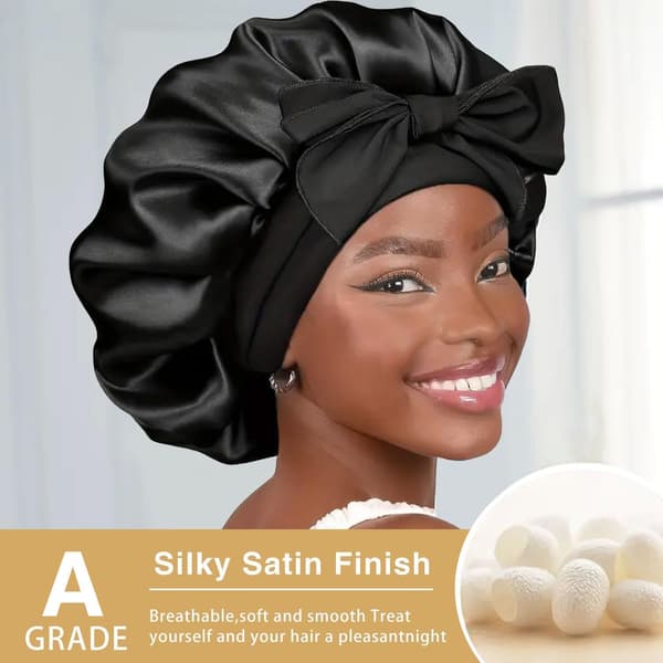 Satin Bonnet, Silke Søvn Bonnets til Kvinder, Justerbar Satin Nattehætte Blød Elastisk Bånd Silke Bonnets til Sovning, Hår Bonnet med Bindebånd black