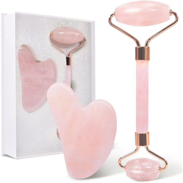 Jade Roller ja Gua Sha -setti, ruusukvartsirolleri ja Gua Sha -kivi, kasvrolleri naisille, hierontatyökalu kasvoille, kaulalle ja vartalon lihasten rentoutukseen, pinkki pink