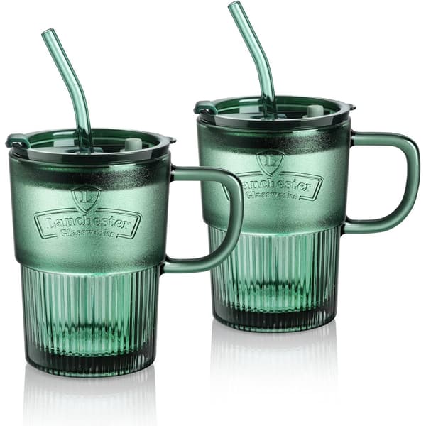 450 ml mugg med lock och sugrör, iskaffemugg med sugrör och lock, 2-pack gröna vattenmuggar med sugrör