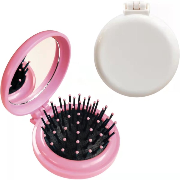 Vikbar hårborste med spegel för handväska/ficka, rund mini-kompakt massagekam för tjejer och kvinnor (svart+vit)
