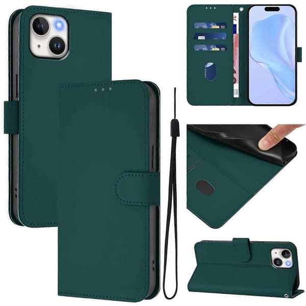Solid farve tegnebog læder telefoncover med rem til iPhone 15 - Nude Multicolor Dark Green