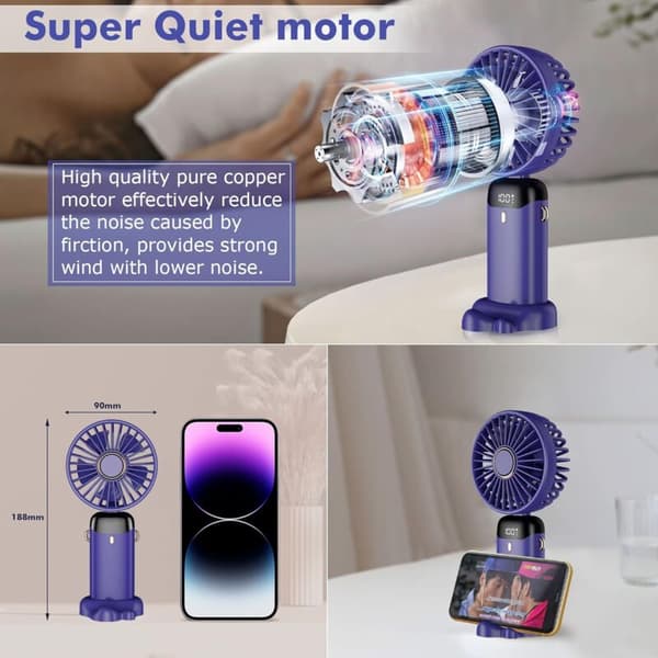 Bærbar ventilator, Mini USB genopladelig håndholdt ventilator, Lille lommeventilator med base, Sammenfoldelig bordventilator Purple