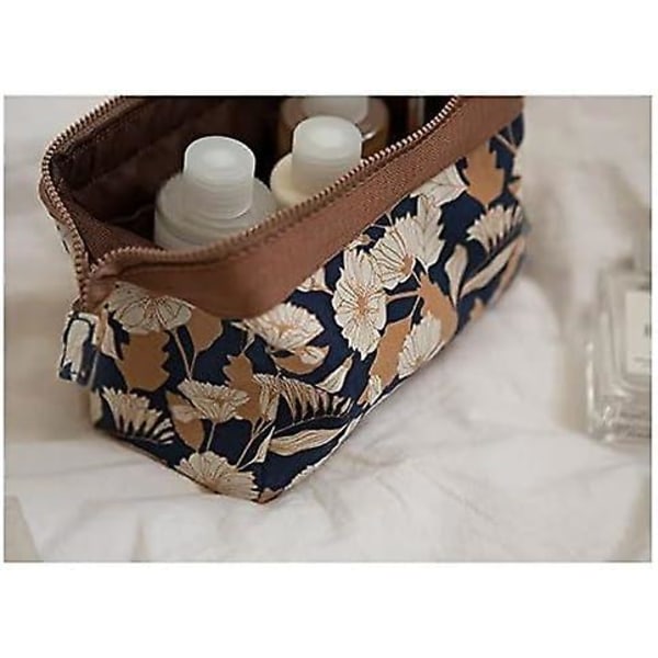 (brun blomst) Liten sammenleggbar kompakt toalettveske, sminkeveske, kosmetikkpose med blomster i japansk stil