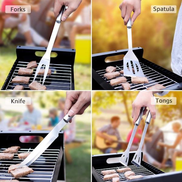 18-delars grillset i rostfritt stål med förpackning för camping, utomhusaktiviteter
