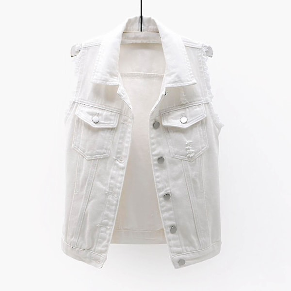 Kvinnors vår- och höstkappor enfärgad ärmlös denimjacka ytterkläder White M