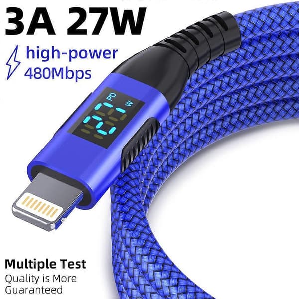 2m USB-C til Lightning-kabel med digitalt display PD 27W hurtiglading nylonflettet ledning Multicolor Red
