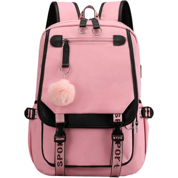 Teenagepigers rygsæk Middle School Students Bogtaske Outdoor Daypack med USB-opladningsport (pink sort)