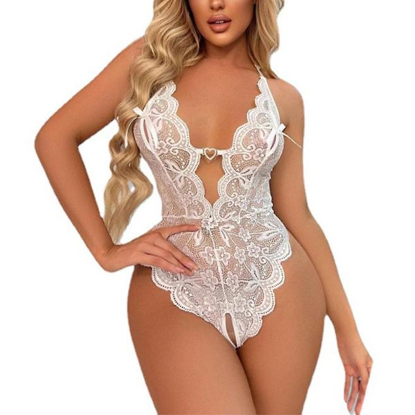 Kvinnor Djup V-ringning Spets Genomskinlig Lingerie Bodysuit Underkläder Nattkläder White L