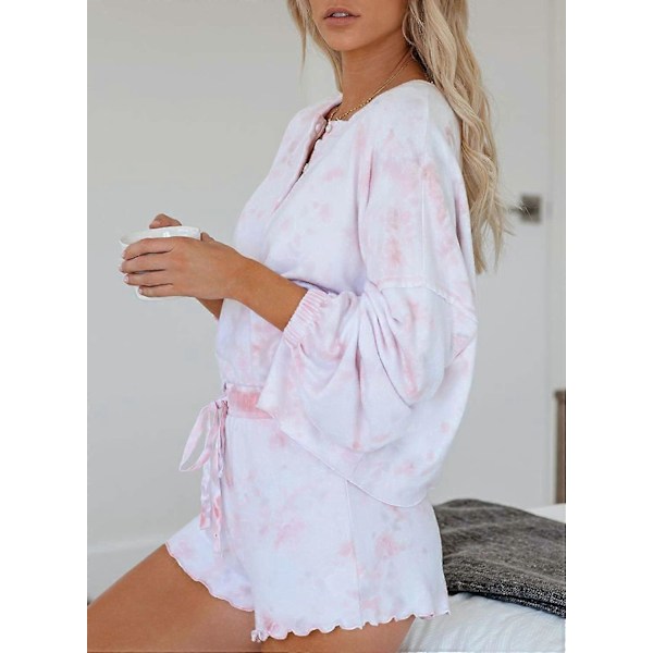 Dam Tie Dye Tryckt Rynkad Kort Loungewear Set Långärmad Toppar och Shorts 2-Delar Pyjamas Set Nattkläder style984