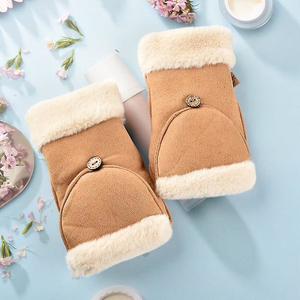 Vintervarma fleecefodrade tjocka damhandskar i koreansk stil med söta flip-halvfingrar för studenter Pink [bunny style]]