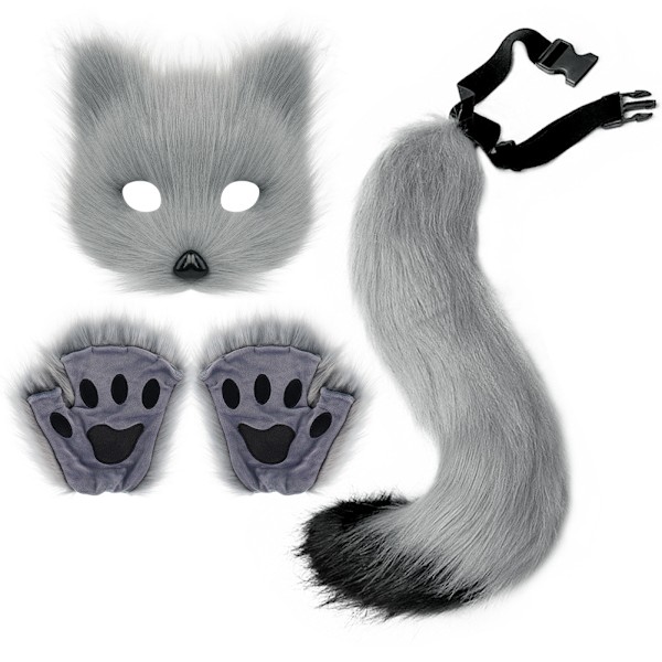 Kunstig Pelsræv Hale Kat Varulv Cosplay Kostume Sæt Plys Maske Fluffy Poter Handsker Halloween Jul Grå Gray One Size