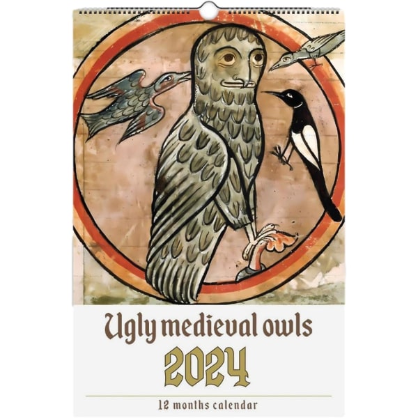 Weird Medieval Owl Calendar 2024, Funny Owl Wall Calendar, Ugly Medieval Owl Paintings Calendar, White Elephant Gift For Fugleelskere