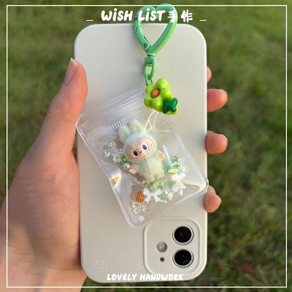 Ny Flocking Mini Labubu Vinyl Nyckelring Utsökt Söt Väska Mobiltelefon Docka Present Hänge Tillbehör Kawaii Leksaker Present (FMY) h