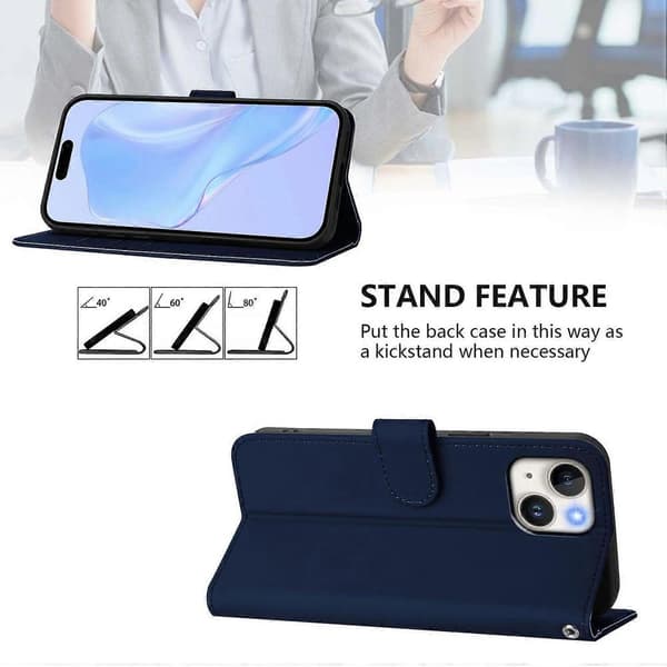 Solid Farge Lommebok Lær Telefondeksel med Stropp til iPhone 15 - Nude Multicolor Navy Blue
