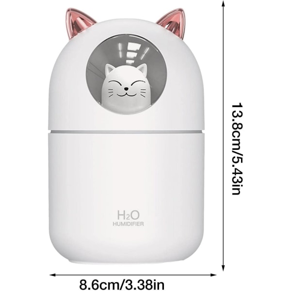 Liten luftfuktare - 300 ml Cat Shape Air Aroma Diffuser | Uppladdningsbar luftfuktare med nattljus, egenvård, hudnärande, återfuktande vit