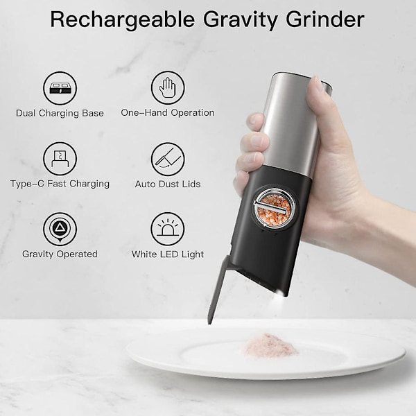 Oppladbar elektrisk pepperkvern, automatisk salt- og pepperkvernsett, justerbar grovhet
