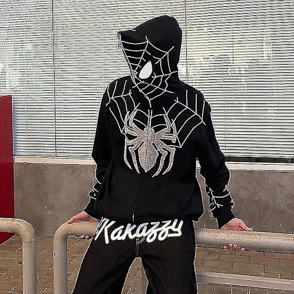 Spiderman hettegenser for menn og kvinner - trykt hettejakke streetwear Black XXL