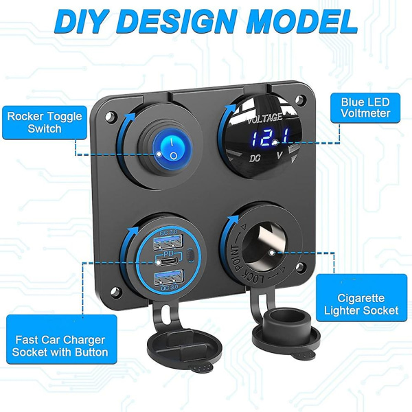 Båt RV 12v laderkontaktpanel, 4 i 1 DC-strømuttakpanel Multi USB-hurtiglader med bryter