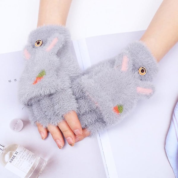 Höst och vinter koreansk stil tjock varm flip halvfinger söta kaninöron rädisa mönster student sammetshandskar Gray