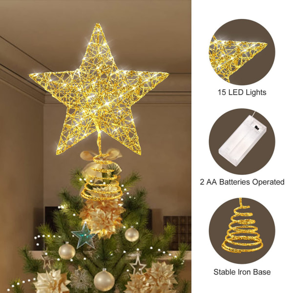 Gyllene julgransstjärnaljus på toppen av julgranens stjärnor, det finns 20 LED-lampor på toppen av julgranen