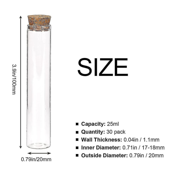 30 st 25 ml glasprovrör, 20 x 100 mm genomskinliga platta provrör med korkproppar för vetenskapliga experiment