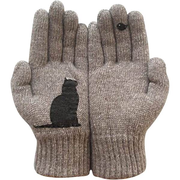 Varma stickade handskar för kvinnor, katter som ser fåglar stickade tryck helfingrar vinter utomhus termiska vantar handskar Khaki