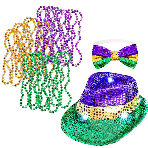 Vuxen LED-upplyst Mardi Gras Fedora, Mardi Gras Kostymtillbehör Med Pärlor Halsband, Fluga, Upphängare Och Mask