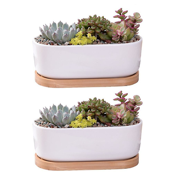 2 st Sukkulent Planter Keramisk Blomkruka Med Bambu Bricka Dräneringshål För Inomhus Utomhus Dekoration