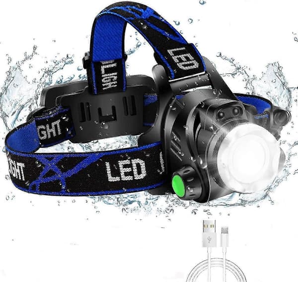 LED-hodelykt for vernehjelm, USB oppladbar, IPX4 vanntett, zoombar, 4 moduser, justerbart hodebånd