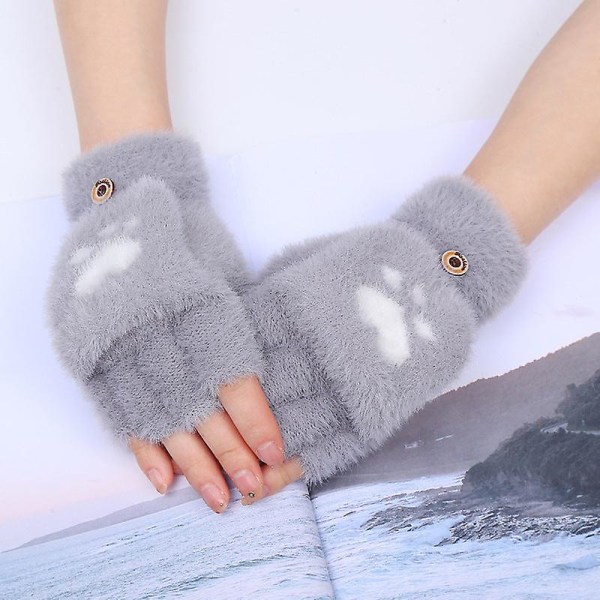 Skrivende halvfinger flip handsker plys søde kattepote piger åben finger uld holde varmen Gray