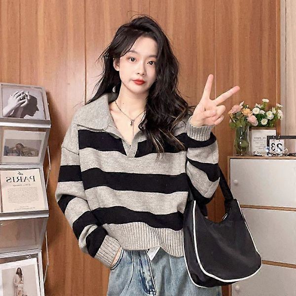 Pullover Lazy Stribet Sweater Kvinder Efterår Blød Strik Versatil Kort Langærmet Sweater Pullover Kvinde white One Size