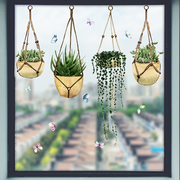 Window Sticker, 23 * 54cm Beautiful Illustration Electrostatic Decorative Sticker With Hanging Plant Patterns - Helps Prevent Birds From Hitting Your