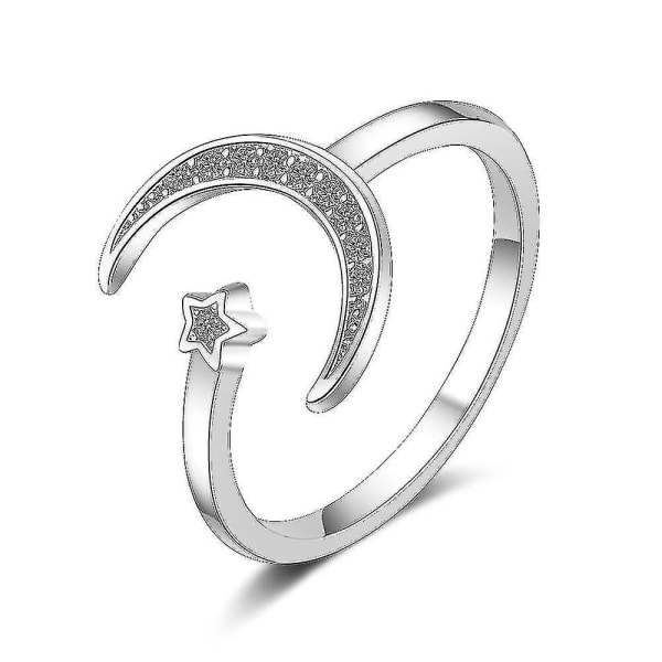 S925 Sterling Silver Crescent Moon And Star Ring Syntetisk Opal Öppen Ring Justerbar Ring Present till Kvinnor