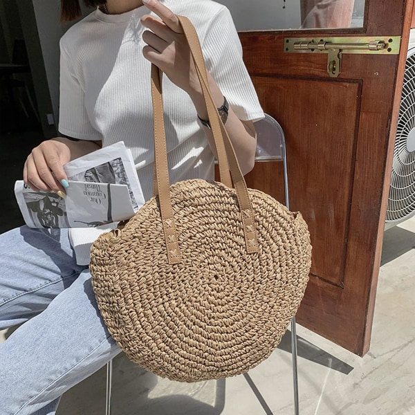 Halmtaske,halmskuldertaske, Rund Vintage håndvævet strandhalmhåndtaske til kvinder til rejser og ferie-brun