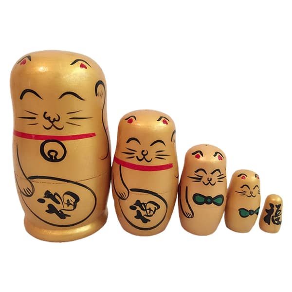 5-pack Nesting Dolls Handmålade Heminredning Trä Lyckokatt Matryoshka Present För Butik