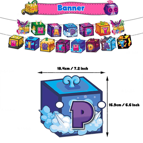 Blox Fruits-tema festdekorationer - Banner, cupcake-dekorationer, ballonger och rekvisita