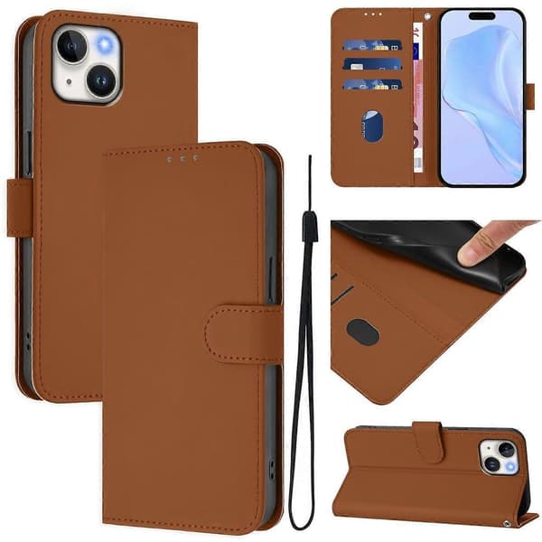Solid farve tegnebog læder telefoncover med rem til iPhone 15 - Nude Multicolor Brown