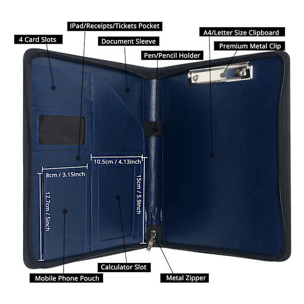 Skrivemappe A4 med lynlås, clipboard businessmappe konferencemappe, dokumentmappe læder, portefølje padfolio blå
