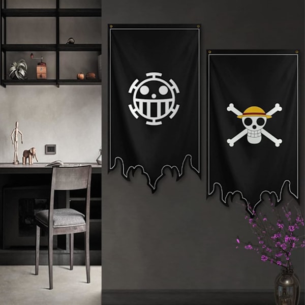 Anime One Piece Polyester Flag One Piece Piratflagga Banners Cartoon Väggdekor för Pojkar Sovrum Vardagsrum, 125x70cm, Svart, Medium
