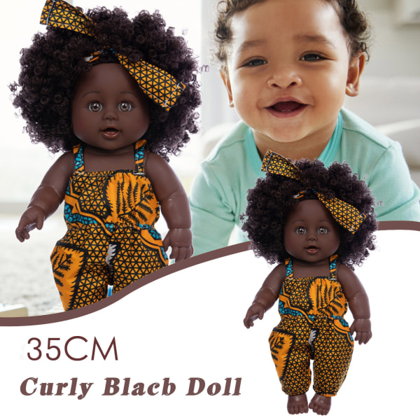 Svart Baby Cute Curly Black 35CM Vinyl Baby Toy